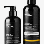Два чёрных флакона YOUtoo Keratin Nutrition: шампунь и кондиционер рядом — YOUtoo